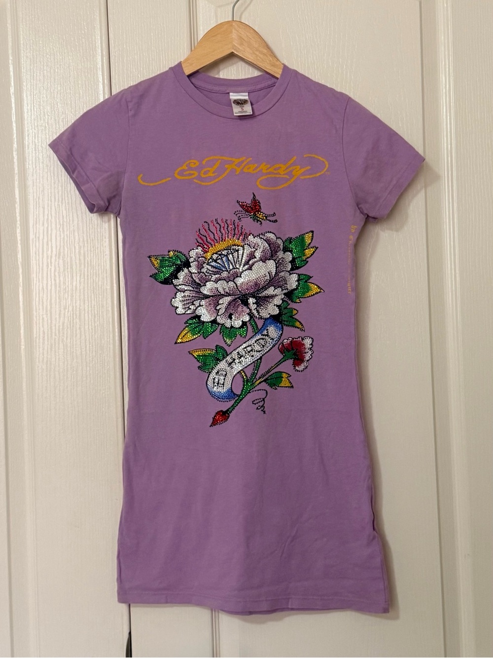 Ed Hardy Lavender Graphic Rhinestone Floral Tee | Size S